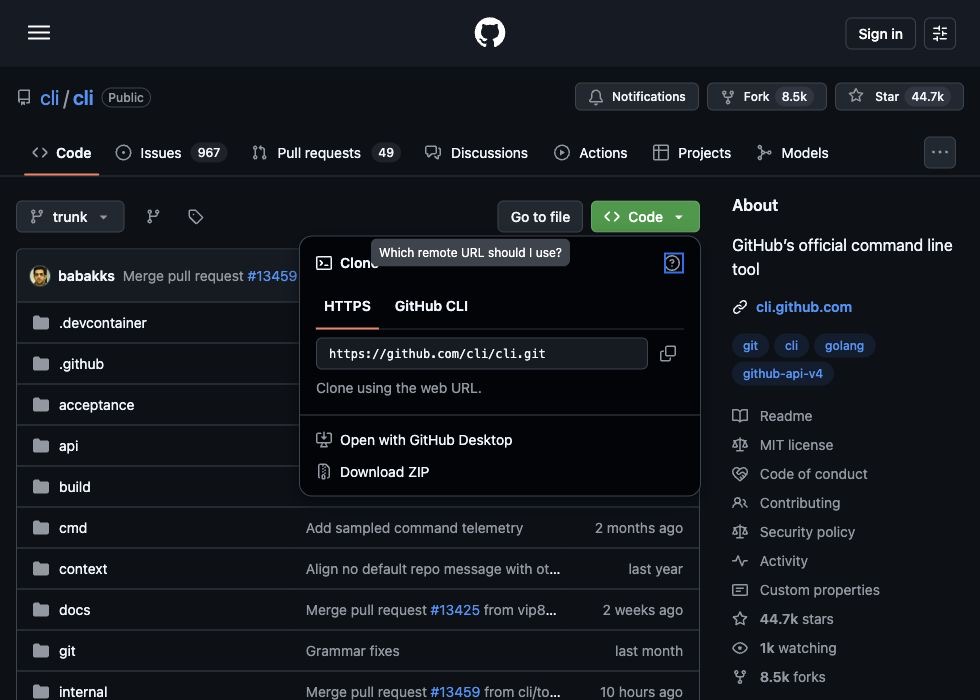 GitHub Code 菜单里的克隆地址和 Download ZIP